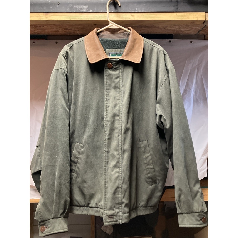 Rainforest Coat‎ Chore Jacket Men's Large Green Cotton Leather Collar Full Zip
